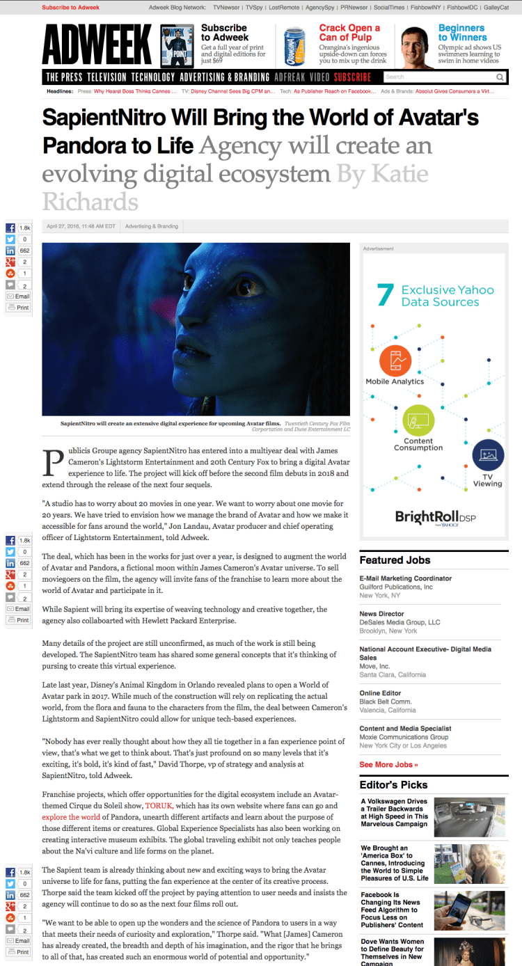 SapientNitro Will Bring the World of Avatar s Pandora to Life   Adweek